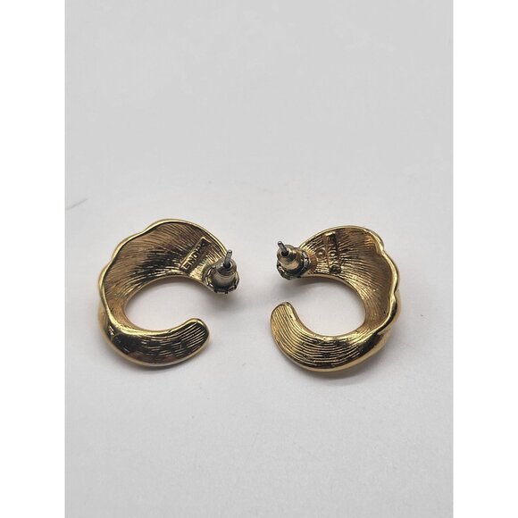 Vintage Gold Tone Monet Pierced Earrings Swirl C Half Hoop Classic - Picture 3 of 7